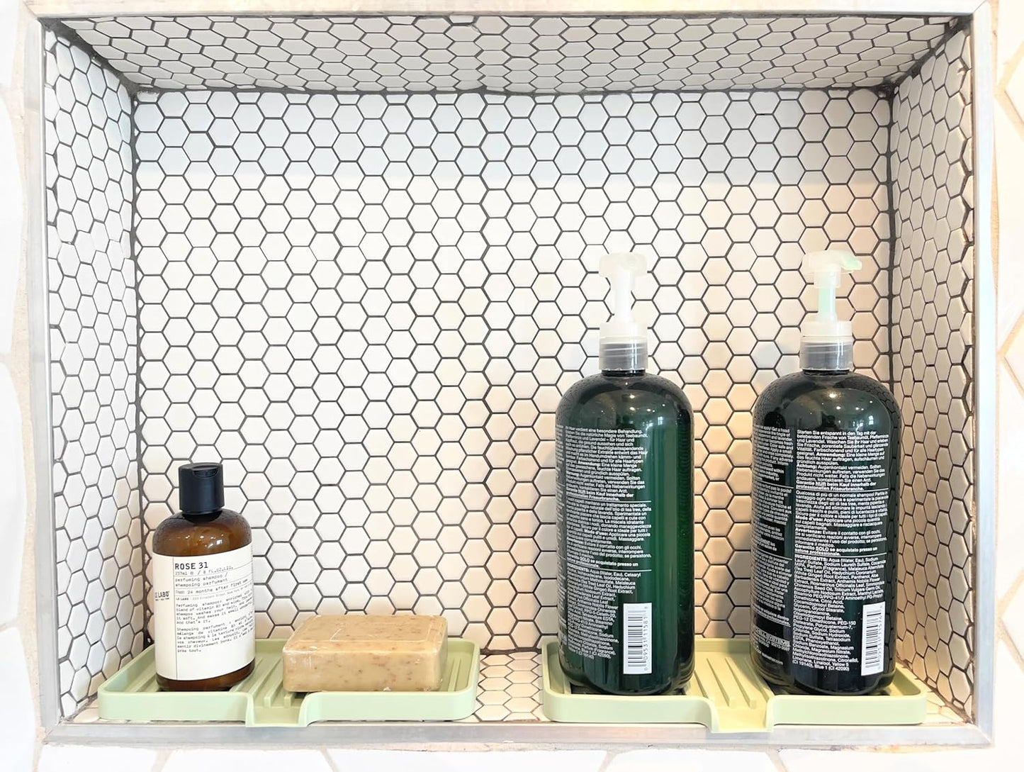 Happitasa Silicone Soap Dish Tray and Sponge Holder with Drain Chute | Bathroom and Kitchen Sink Organizer Caddy (White, 9"x3.5", 5.6 Ounces)