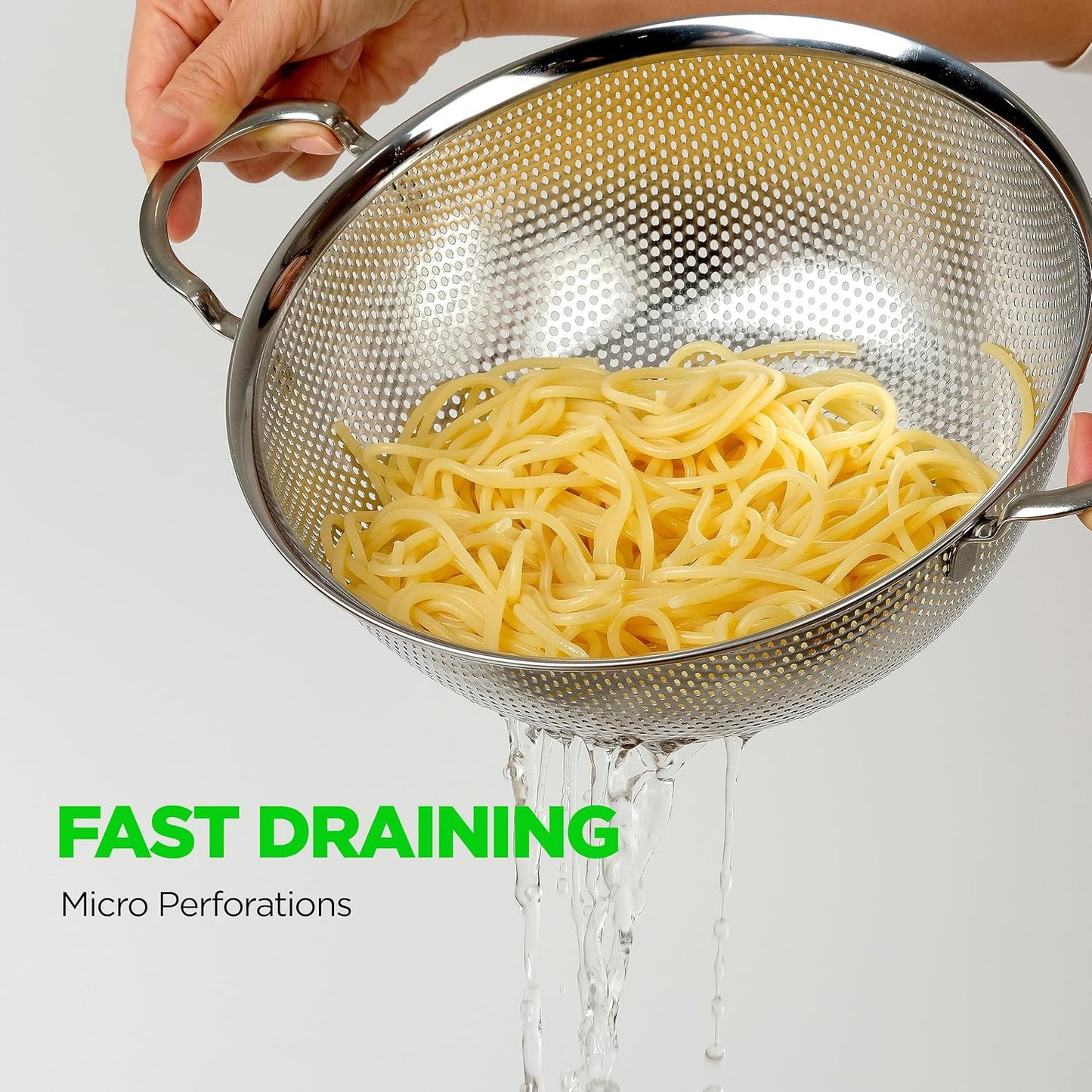 Premium 18/8 304 Stainless Steel Strainer Set of 3 with Handles, Micro-Perforated Colanders, 4-6-8 Quart Set, Self-Draining Solid Base for Pasta, Fruits, Vegetables, Made in Korea