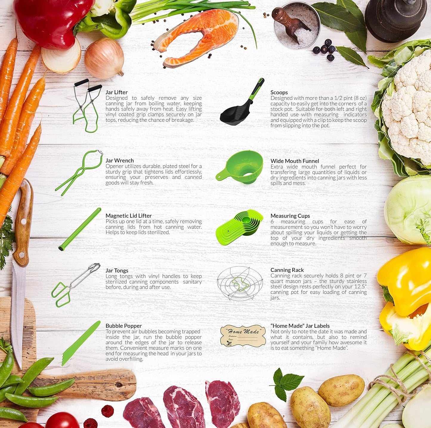 Supa Ant Canning Supplies Starter Kit- Canner Accessories with Canning Rack for Jars, XL Ladle,Wide Mouth Jar Funnel,Jar Lifter and Wrench,Bubble Popper/Measurer,Lid Lifter,Kitchen Tongs (Light Green)