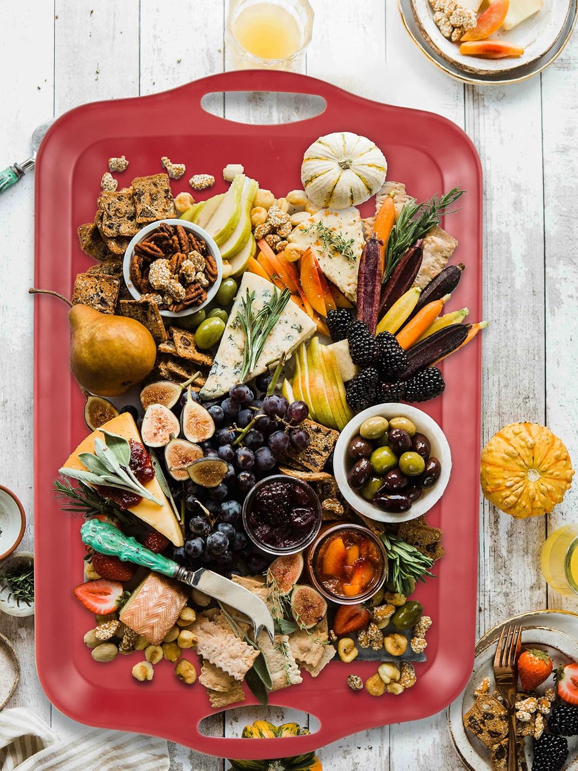 Extra Large Serving Tray with Handles, 20x13 inch, Set of 2 Melamine Platters for Serving Food, Turkey, Cookie, Rectangular Trays for Eating, Raised Dots Matt Finished, Dishwasher Safe, Red