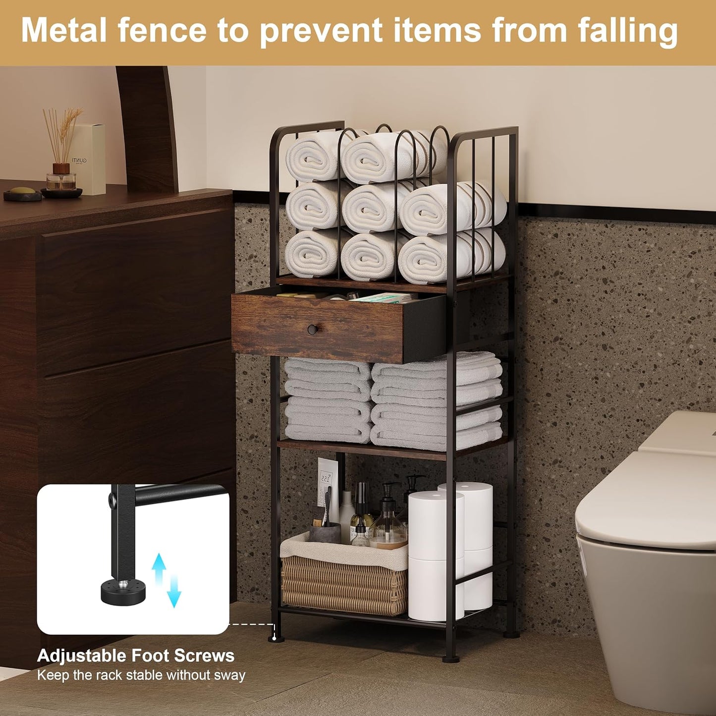 Towel Rack Free Standing 3-Tier with Drawer and M-Shaped Detachable Dividers,Towel Holder with Adjustable Shelf, Towel Organizer Space Saving for Bathroom and Poolside Patent Pending