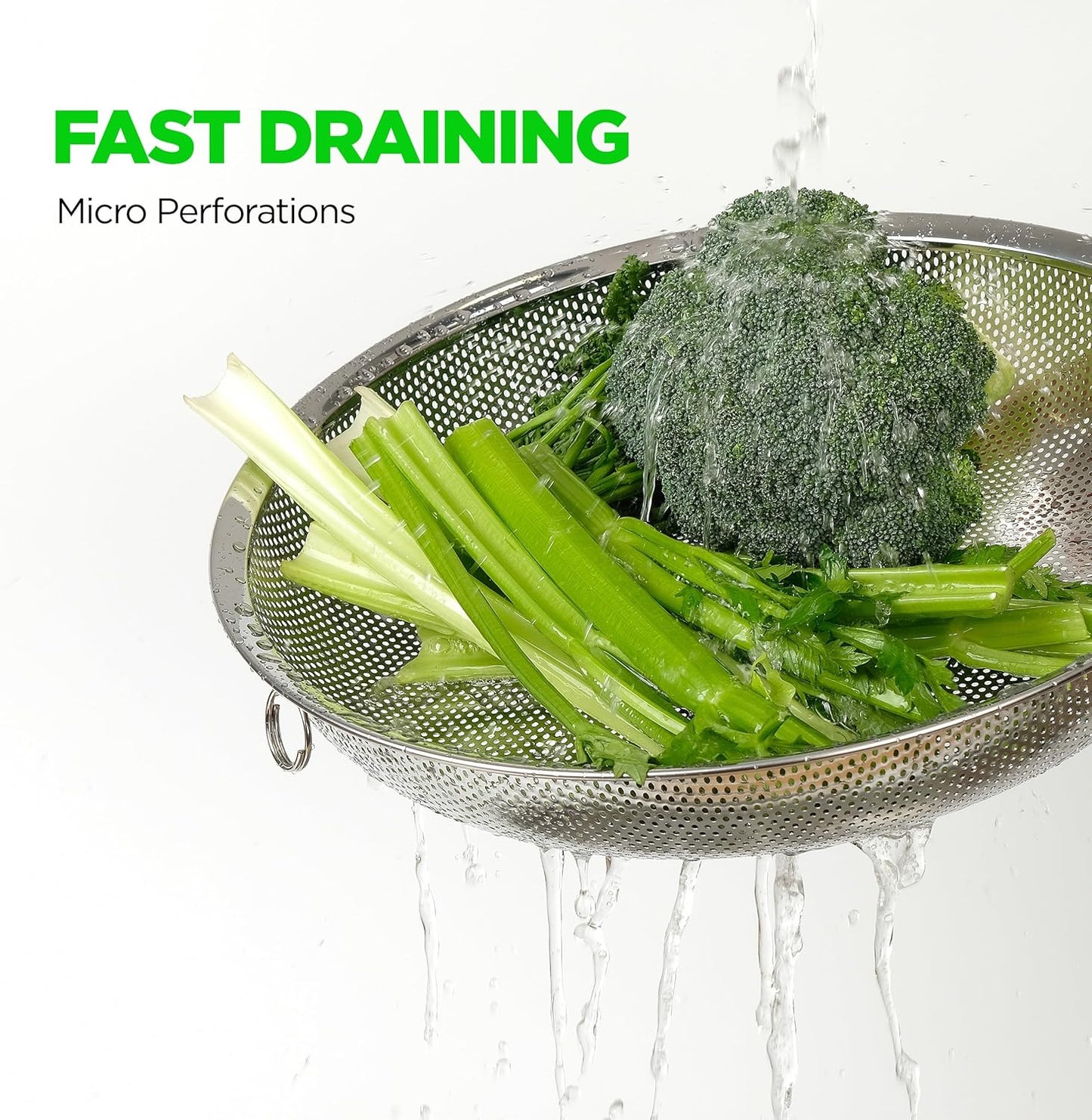 Premium 18/8 304 Stainless Steel Small Colander Set of 3, Comfortable Tray, Micro-Perforated Shallow Colanders 2-3-4 Quart Set, Self-Draining Solid Base for Pasta, Fruits, Vegetables