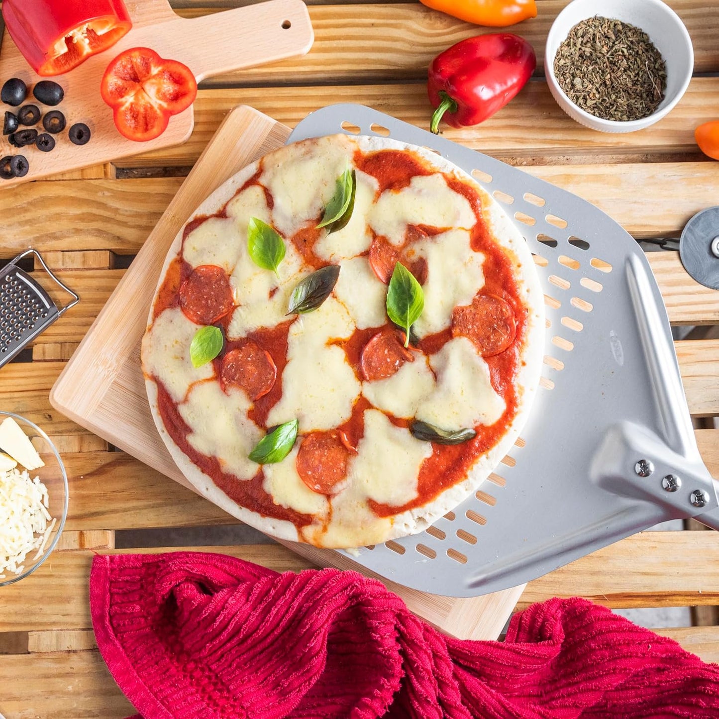 TKC 14β Perforated Pizza Peel β 31 Inch Long Handle Perforated Aluminium Pizza Paddle β Lightweight Pizza Turning Peel β Commercial Grade Pizza Spatula - Outdoor Pizza Oven Accessories - (Silver/Red)