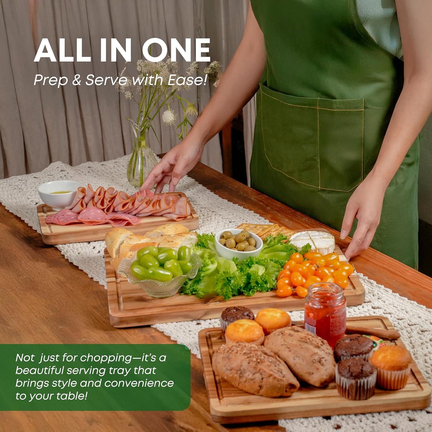 VieWood Acacia Wood Cutting Board Set of 3 for Kitchen, Butcher Block Cutting Board with Juice Grooves, Wooden Tray for Charcuterie Cheese, Meat, Pre-oiled Chopping Board, Durable, Knife-Friendly