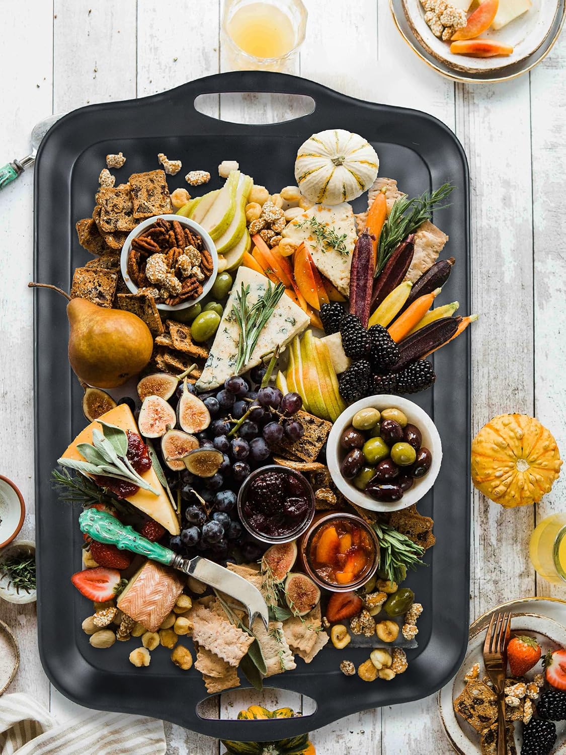 Extra Large Serving Tray with Handles, 20x13 inch, Set of 2 Melamine Platters for Serving Food, Turkey, Cookie, Rectangular Trays for Eating, Raised Dots Matt Finished, Dishwasher Safe, Black