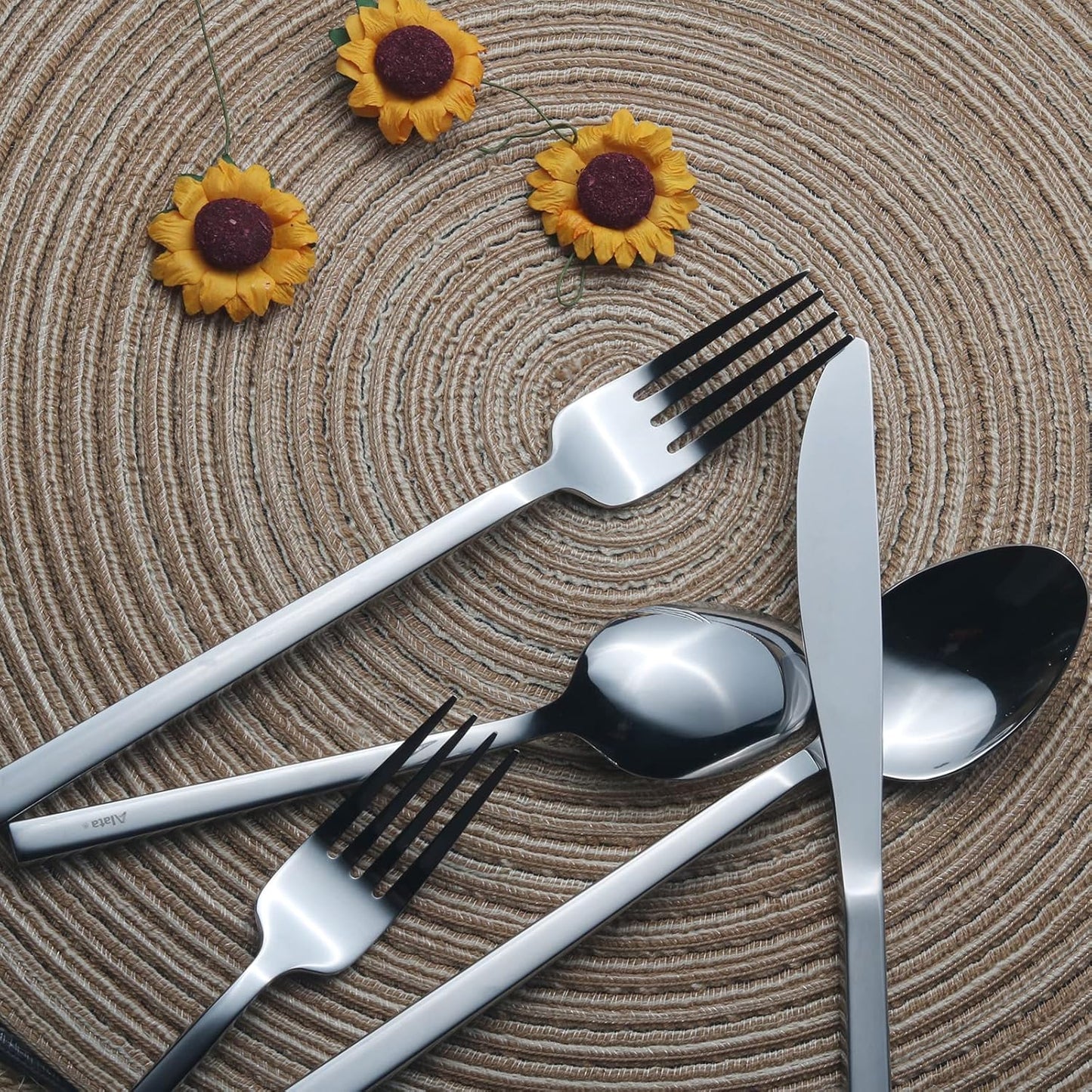 Alata Cube 60-Piece Forged Stainless Steel Flatware Set Cutlery Set, Silverware Set Service for 12, Mirror Finish, Dishwasher Safe