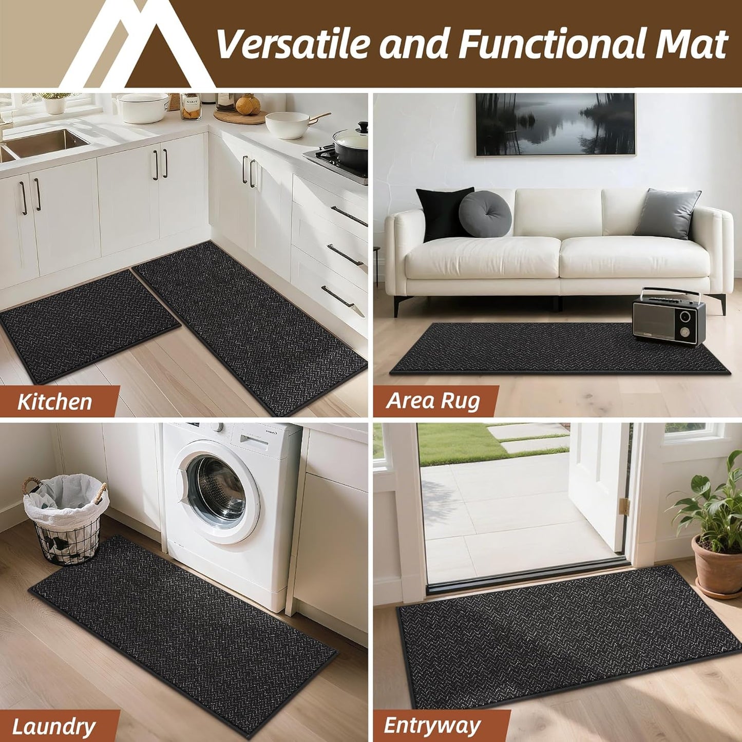 COSY HOMEER Kitchen Rugs and Mats 2PCS Non Slip Kitchen Mats for Floor Washable Stain Resistant Kitchen Runner Rug Sets Absorbent Kitchen Floor Mat 20"x32"+20"x48",Black