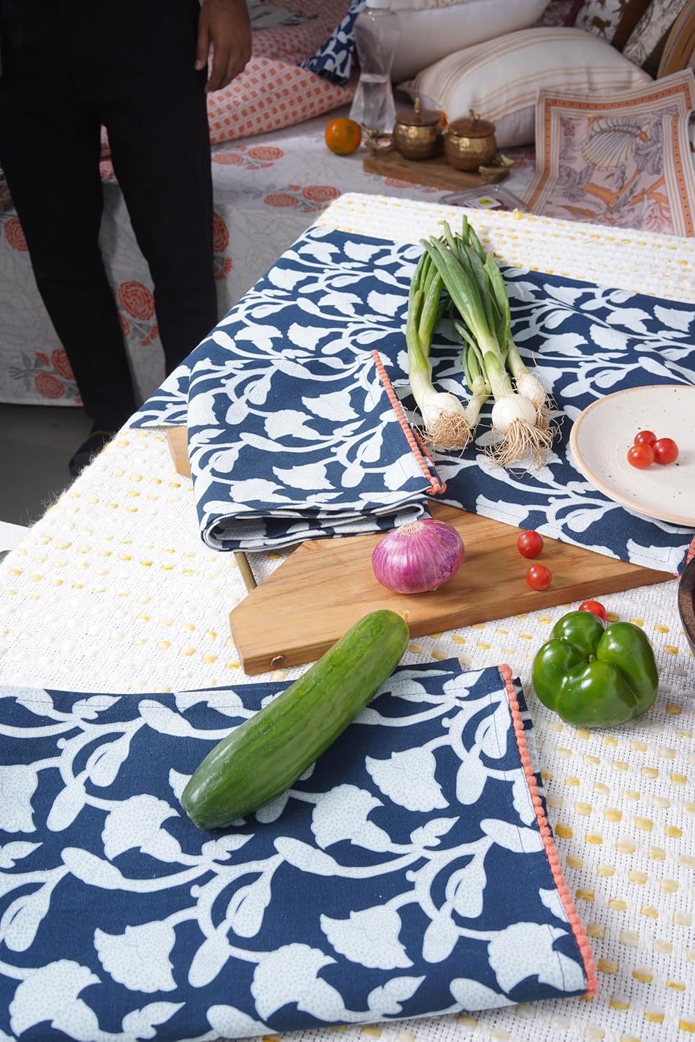 Printed Kitchen Dish Bar and Tea Towels Cotton, 18x28 inch with Trims, Cotton Dish Towel Sets (Allover Blue, Set of 6)