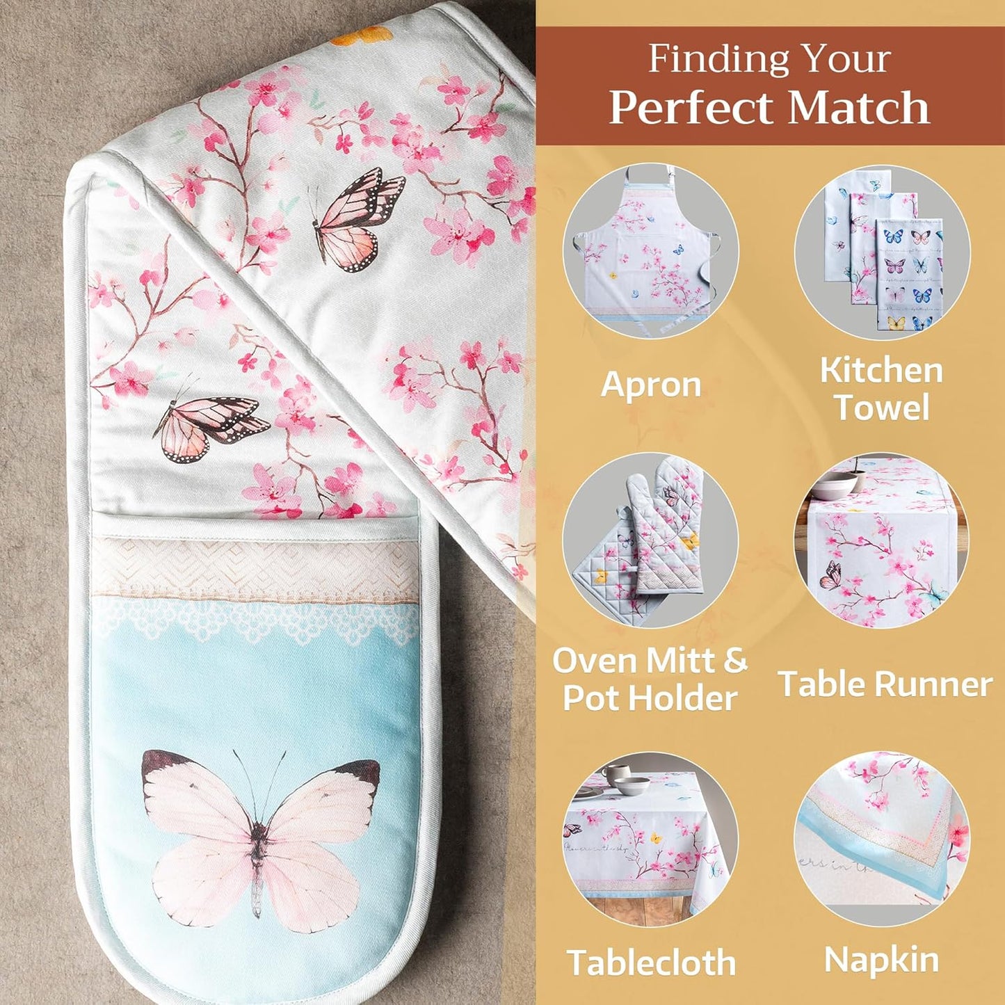 Maison d' Hermine Double Oven Mitts 100% Cotton 7"x35" Double Oven Mitt Heat Resistant BBQ Cooking Gloves with Loop, Baking, Grilling, Kitchen, Handling Hot Pans Spring Summer (Blossoms in Spring)