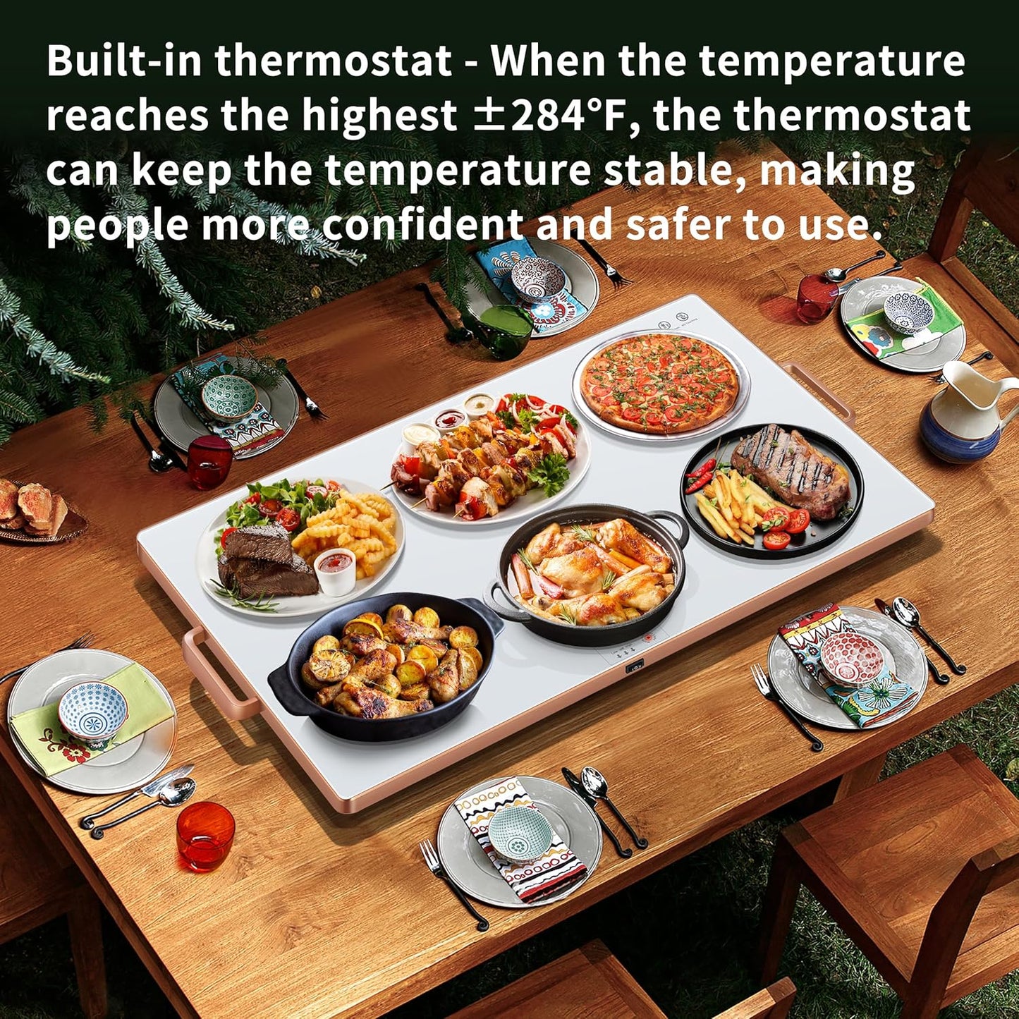 Electric Warming Tray (XXL 32”x18”),Food Warmers for Parties Buffet with Thermostat&Full Surface Heating,Tempered Glass Warming Mat for Food, Temperature Adjustable Gold Handles Food Warming Mat,White