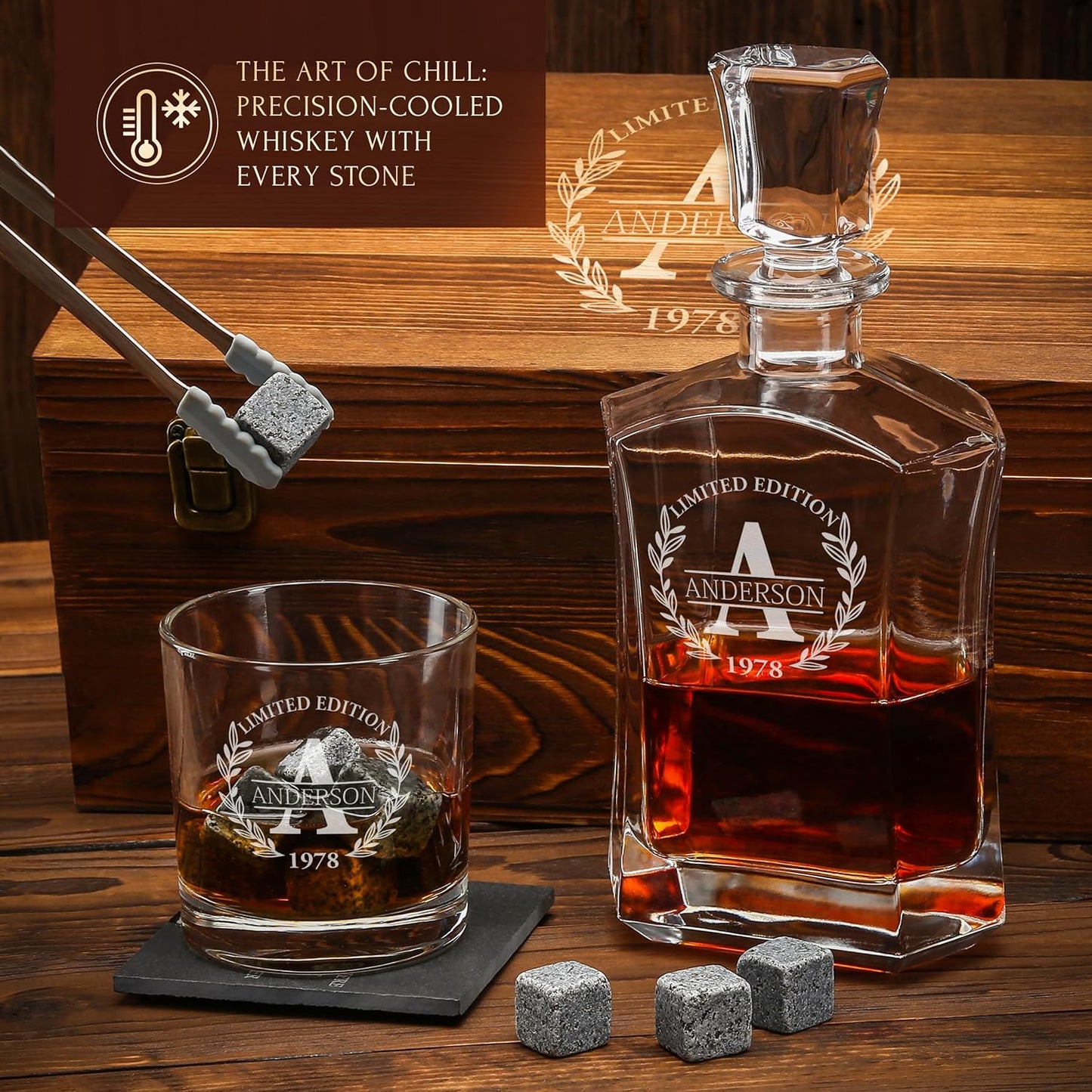 Personalized Whiskey Decanter and Stones Set - Customized Gift for Him - Men, Dad, Father - Engraved Old Fashioned Decanter, Glasses, 9 Granite Stones in Container, Coasters, Tongs in Wooden Gift Box