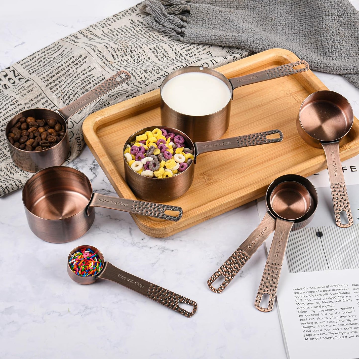 Copper Measuring Cups and Spoons Set 19 for Kitchen and Baking, Dry & Liquid, Metal Metric&US Measuring Cups and Spoons Set for Dry and Liquid
