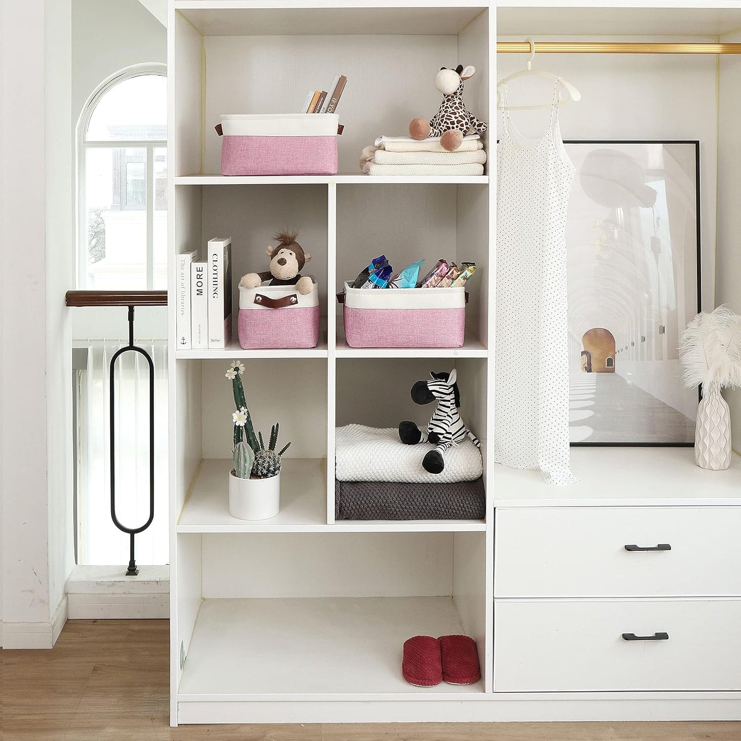 OrganiHaus Small Fabric Storage Bins for Shelves 6 Pack, 12x8in Closet Storage Bins for Shelves, Cloth Baskets for Organizing, Linen Closet Organizers, Fabric Basket, Pink/White