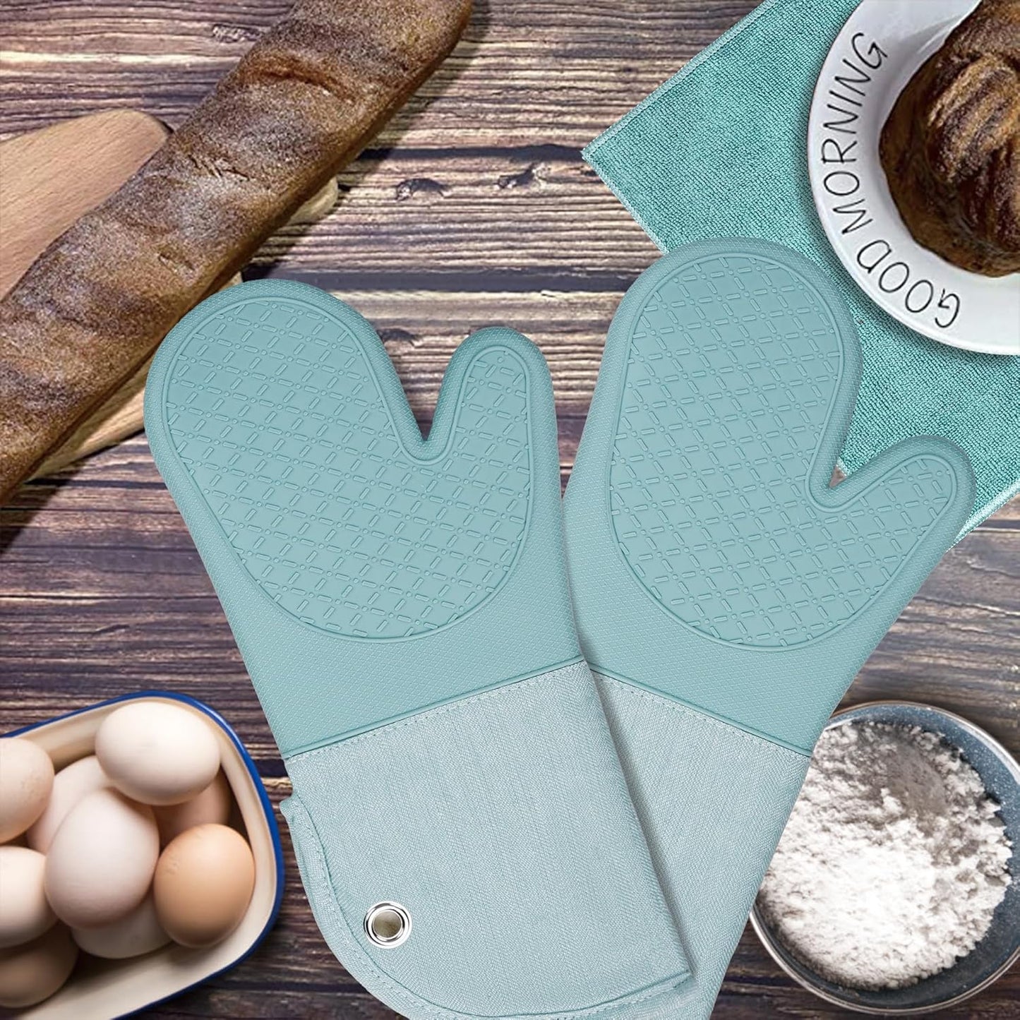 Professional Microwave Silicone Oven Mitts one Pair, Kitchen Mitten Set for Heat Resistant with 500 Degrees, Kitchen Gloves Pot Holder for BBQ Cooking Baking (Light Blue)