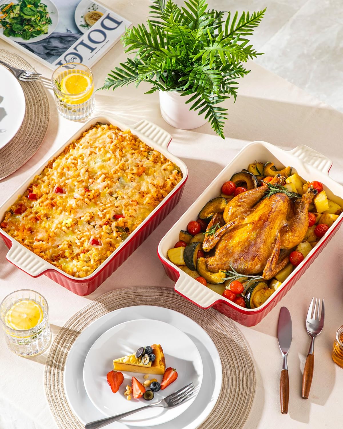 MALACASA 4.4 QT Baking Dish, 9x13 Large Casserole Dish for Oven, Ceramic Baking Pan, Rectangular Lasagna Pan Deep with Handles for Baking, Durable Microwave Oven Safe, Red, Series BAKE-BAKE