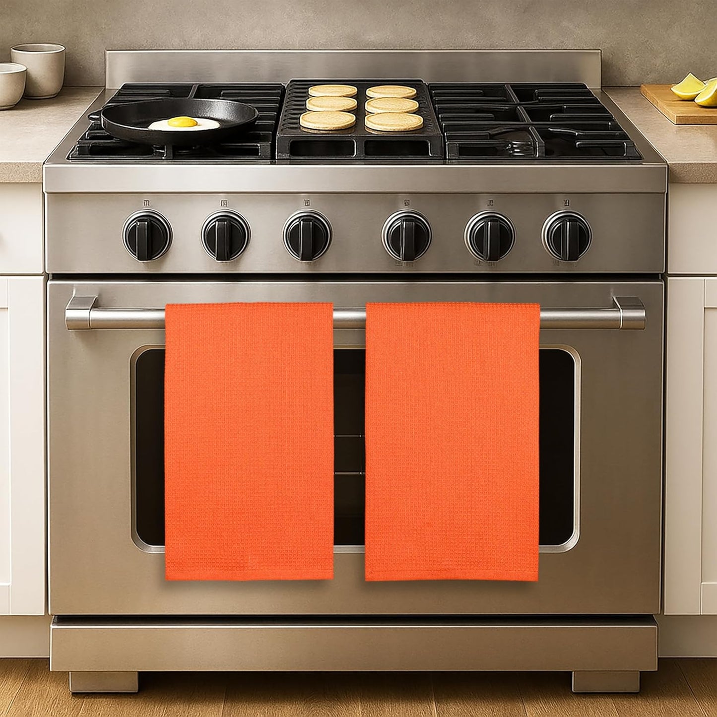 PurpleEssences Waffle Weave Kitchen Solid Dish Cloths 100% Cotton, Ultra Soft Absorbent Quick Drying Dish Towels (Orange, 15 x 25-4 Pack)