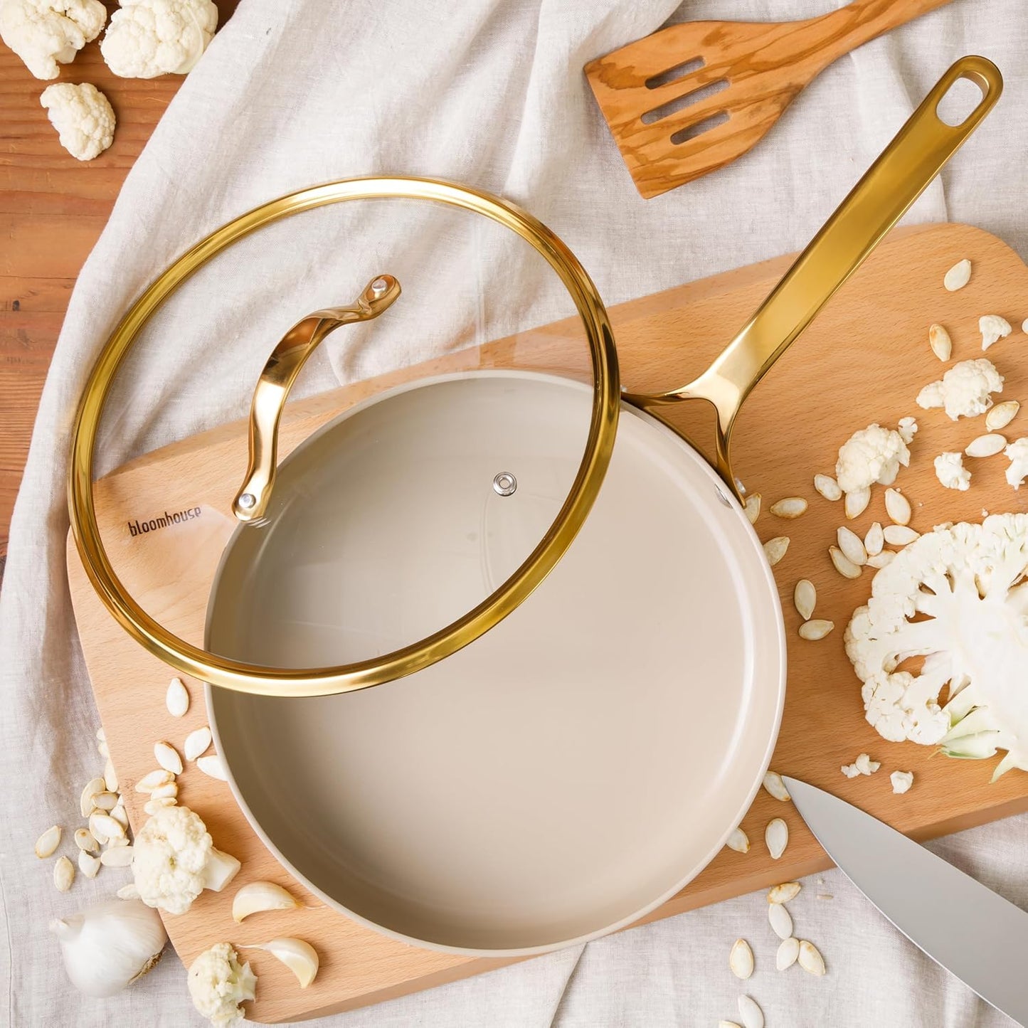bloomhouse 10 Inch Heavy Duty Aluminum Premium PFA Free Ceramic Nonstick Saute/Deep Frying Pan Skillet with Lid - Almond Cream w/Gold Handle