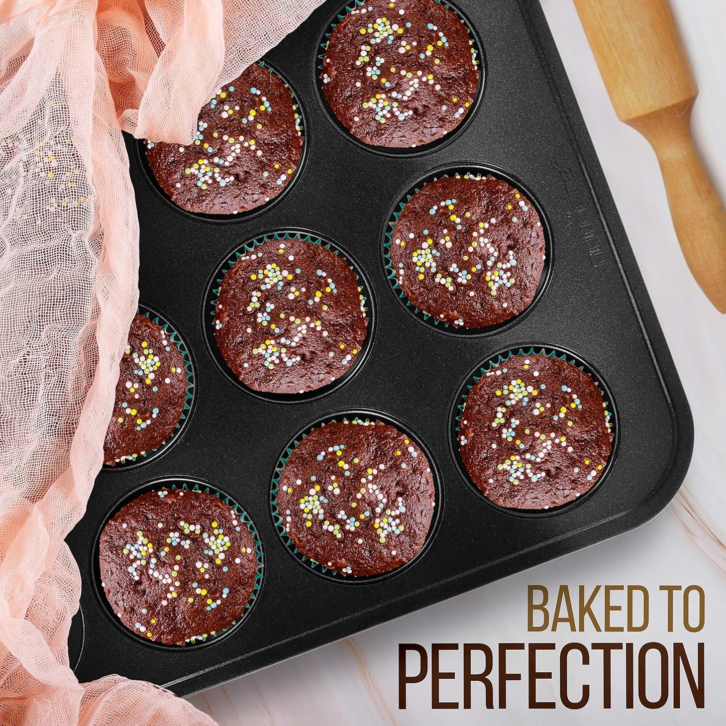 NutriChef Stackable Non-Stick Baking Pan Set – Carbon Steel Bakeware Set w/ Cookie Sheet, Muffin & Loaf Pan, Double Coated for Easy Release, Oven & Dishwasher Safe, Resists Warping, – Easy to Clean