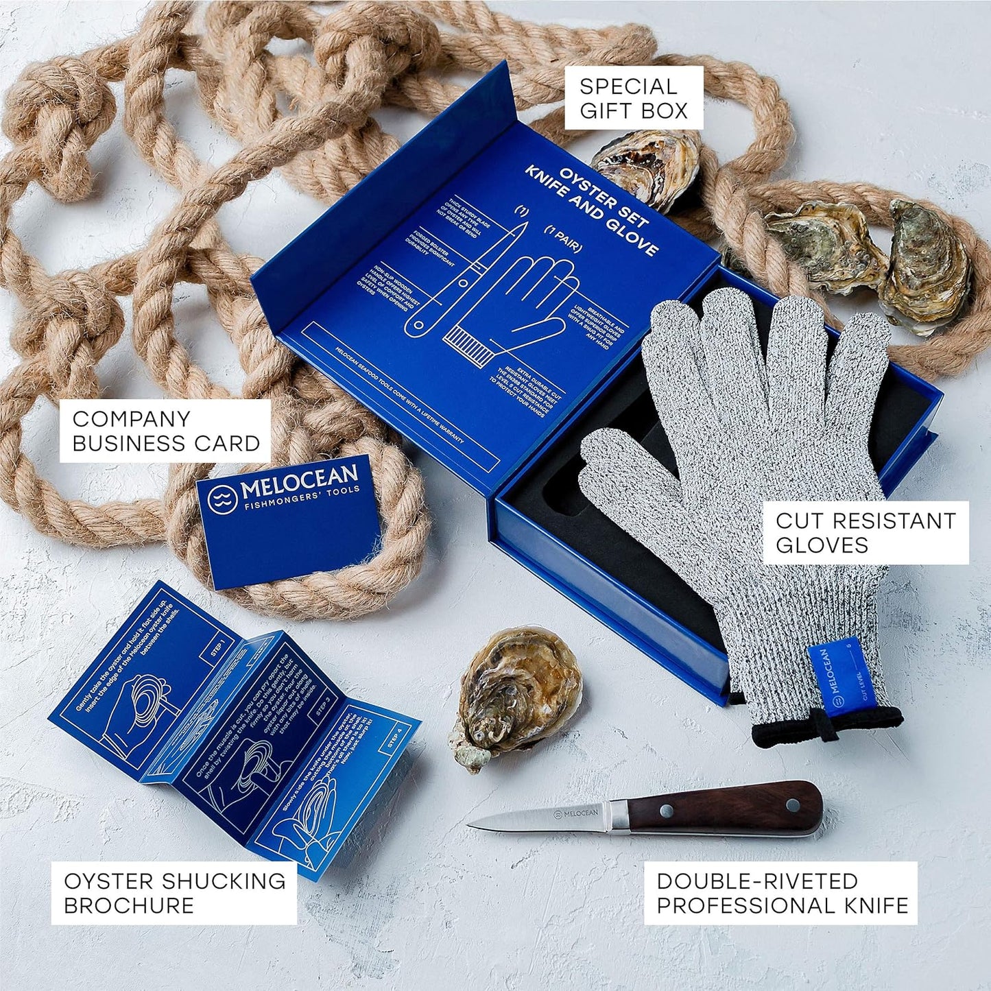 Oyster Shucking Knife and Gloves Set - Premium Oyster Knife and Oyster Shucking Glove Kit - Professional Oyster Shucker Clam Knife Oyster Opener Tool in Lovely Box - Bonus Ebook and Brochure Included