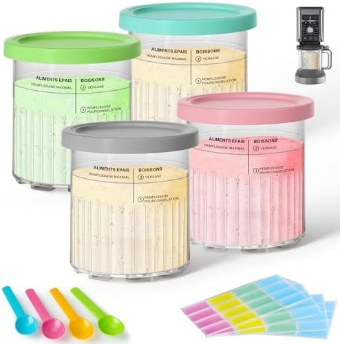 GuanQiao 4 Pack Creami Deluxe Pints & Lids for Ninja, 24 Oz Compatible with NC500 NC501 Series Ice Cream Makers, with 4 Spoons & 64 Writable Labels, BPA-Free & Dishwasher Safe, 4 Color Lids