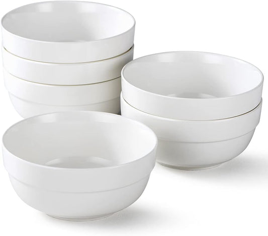 HAPPY KIT 6" Ceramic Soup Bowls, Cereal Bowls Set of 6, 24OZ White Bowls for Kitchen, Serving Bowls for Cereal Soup Rice Pasta Salad Oatmeal, Thick-edge Non-slip Design