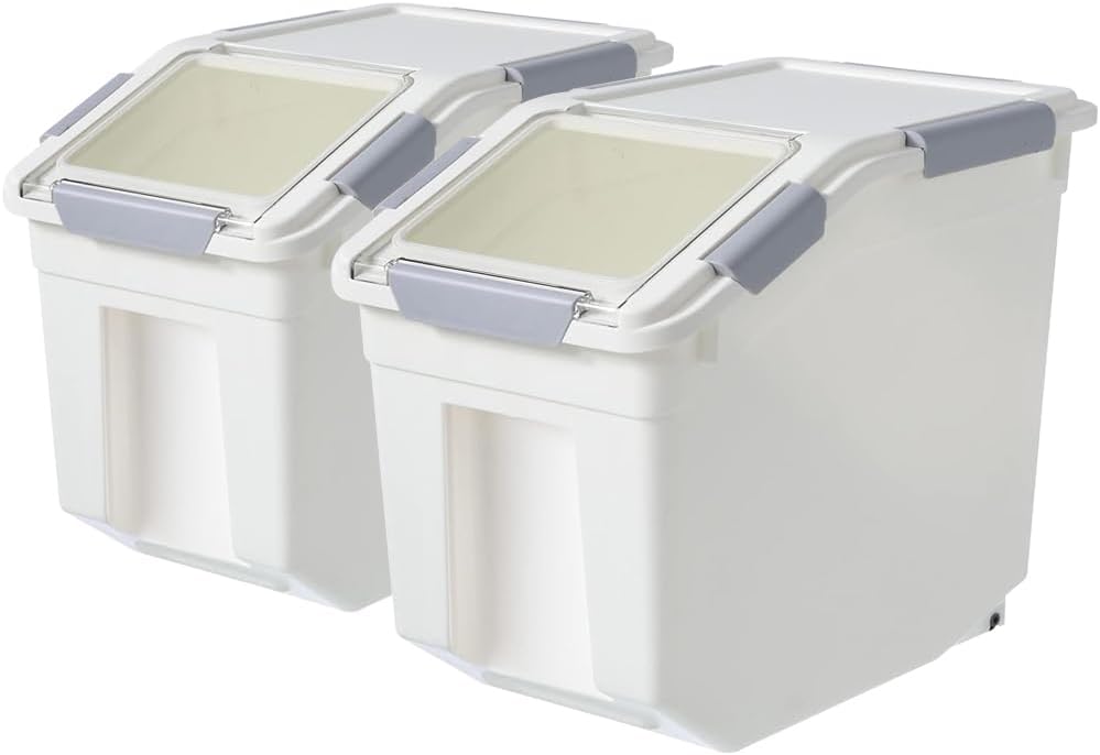 30Lbs 2 Pack Food Storage Container with Scoop, Airtight Rice Storage Bins Flour Containers Pet Food Dispenser with Handle & Wheels, Plastic Kitchen Pantry Organization for Cereal Baking Supplies