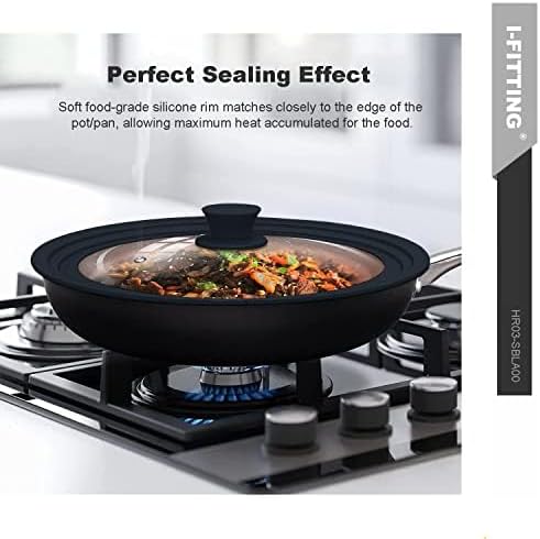 Universal Lid for Pot,Pan,Skillet Fits 6.5",7",8" Cookware Silicon lid Dishwasher Safe, Replacement Lid Vented Tempered Glass with Heat Resistant Silicone Rim By HR Huare Technology, Black,1 Pack