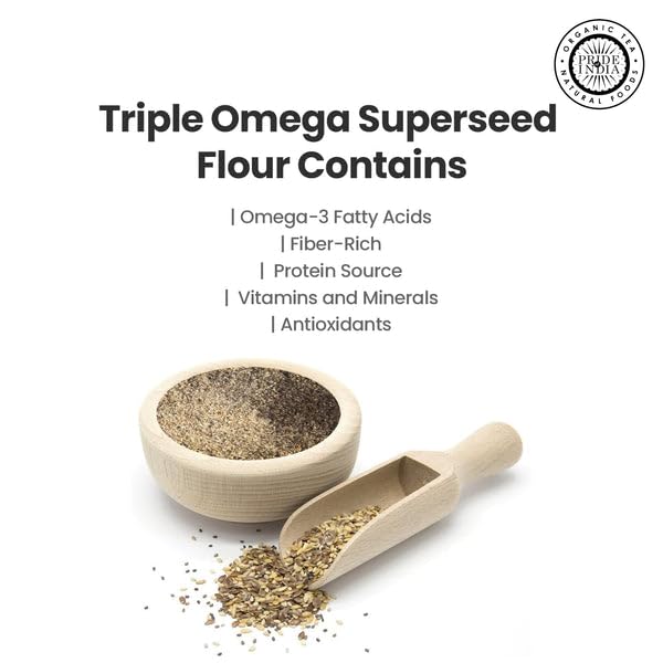 Pride of India - PACK of 6 - Triple Omega Superseed Flour 1 lbs (454 gm) Nutty Earthy Taste Milled in Small Batches | Chia Flax Sesame Seed mix | Used for Cooking Baking Coating Muffins Smoothies