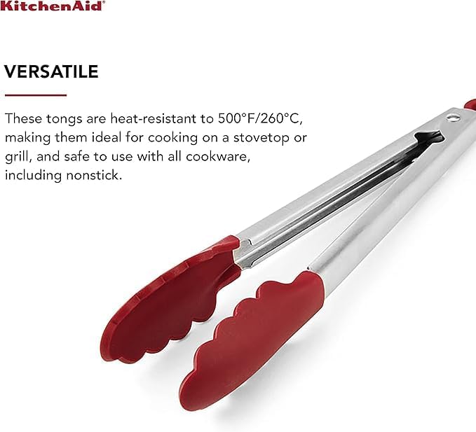 KitchenAid Silicone Stainless Steel Tongs, 12 Inch, Red