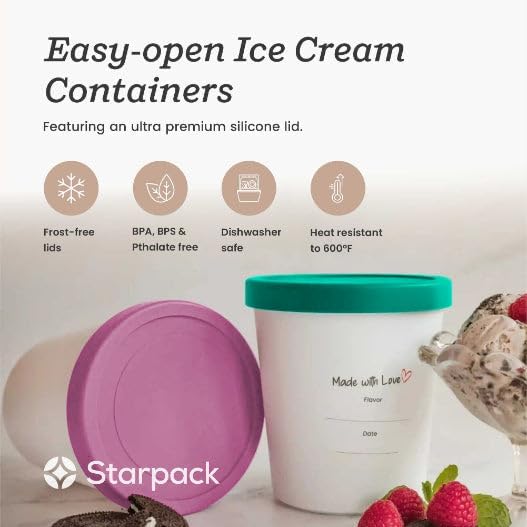 Starpack 'Freeze the Day' Ice Cream Storage Container for Freezer (2 Pcs) - 1 Quart Ice Cream Containers for Homemade Dessert - Reusable Frozen Treat Containers with Lids - Leak-Free Lids (Silicone)