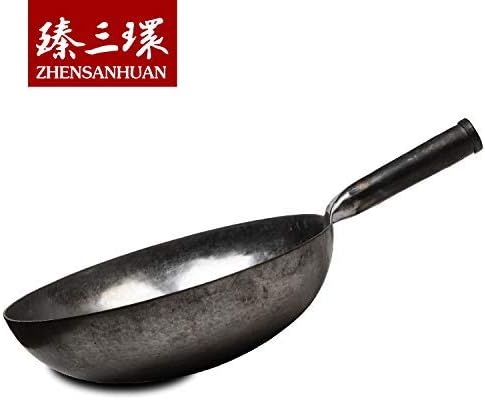 臻三环 ZhenSanHuan Chinese Hand Hammered Iron Woks and Stir Fry Pans, Non-stick, No Coating, Carbon Steel Pow (30CM, Silver-Not Seasoned)