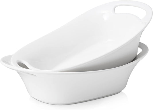 DOWAN Large Serving Bowls with Handles, 60 OZ Oval Serving Platter for Turkey, Fruit Salad Serving Dishes for Entertaining, Porcelain Pasta Bowls for Mother's Day, Parties, Set of 2, Soft White