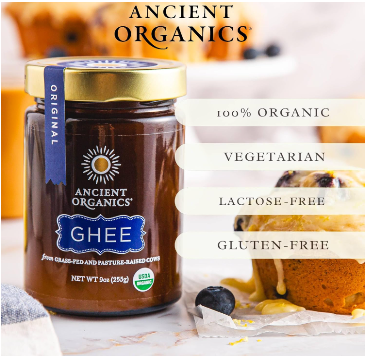 Ancient Organics Organic Grass-Fed Ghee – Clarified Butter, Gluten-Free, Lactose-Reduced (9 oz, 2 Pack)