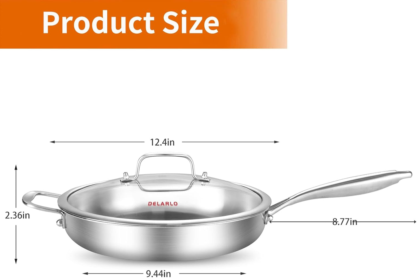 DELARLO Tri-Ply Stainless Steel Pan with Lid 12inch丨Compatible with All Cooktops Up to 600℉丨Stainless Steel Skillet 12 inch丨Heavy Duty丨Frying Pan with Lid丨18/10 Large Cooking Surface