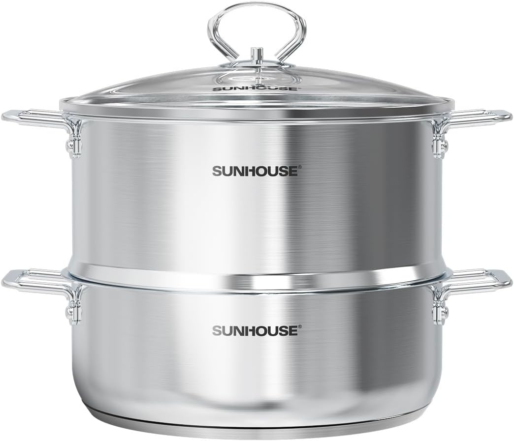 [New Version] Sunhouse 2-Tier Stainless Steel Steamer Pot with Lid - Larger 5.5 QT Steamer & 3.8 QT Stockpot Base - Induction Ready, Compatible with All Cooktops