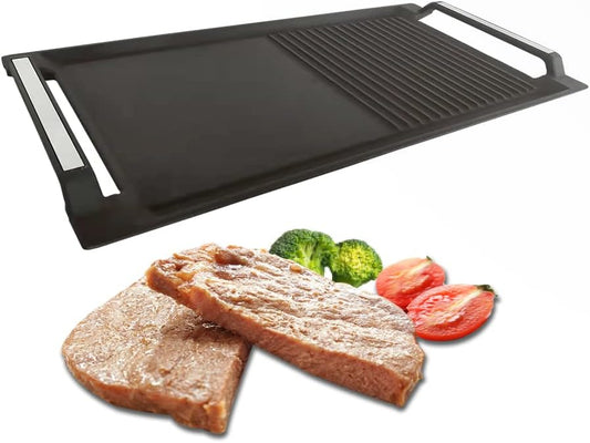 COVERCOOK Griddle Pan, Cast Iron Grill Hot Plate, Rectangular Grill, 2 handles with Flat and Ridged Surface for Induction Electric Cooktop，16.7 x 9.1inch