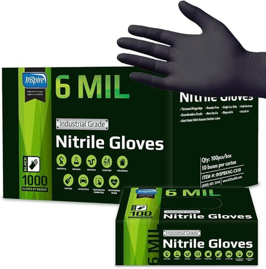 Inspire Black Nitrile Gloves HEAVY DUTY 6 Mil Nitrile Chemical Resistant Medical Cooking Cleaning Disposable Black Gloves