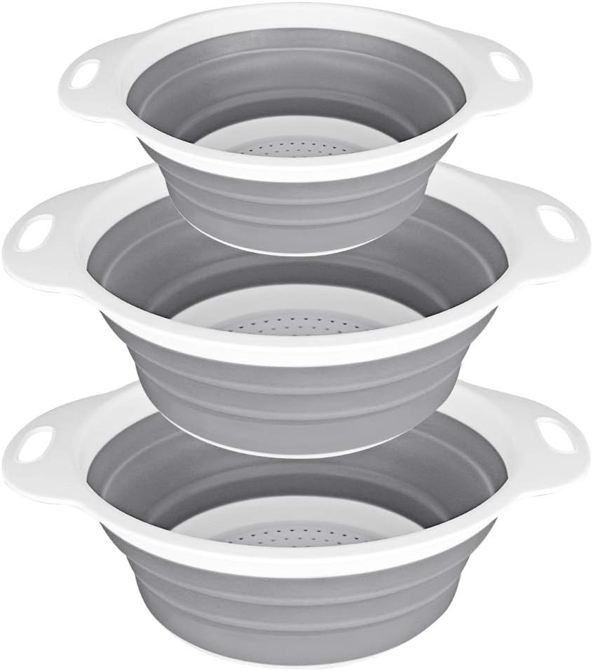 QiMH Collapsible Colander and Strainer Set of 3-2 PC 4 Quart(1 gal) and 1 PC 2 Quart(0.5 gal) - BPA Free & Dishwasher-safe Silicone Kitchen Foldable Strainer for Pasta, Veggies