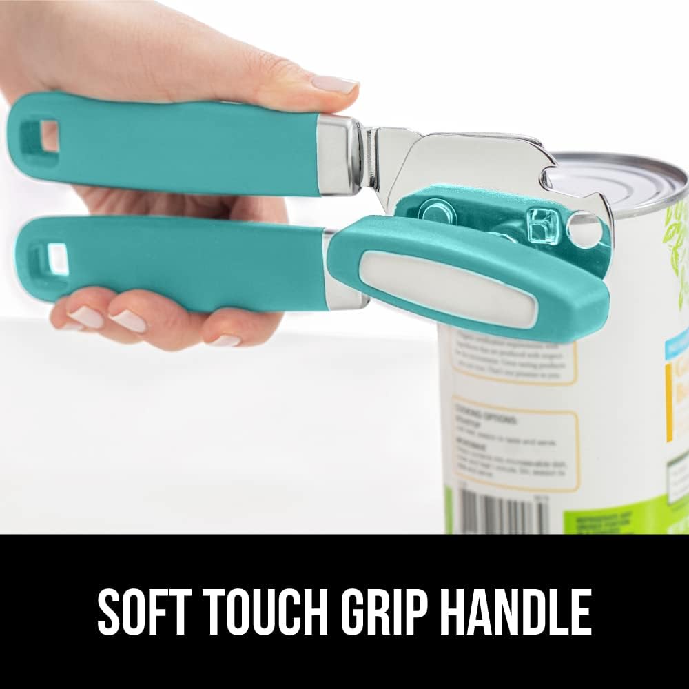 GORILLA GRIP Heavy Duty Stainless Steel Smooth Edge Manual Can Opener and Bottle Openers, Soft Comfortable Handle, Oversized Handheld Turn Knob, US Designed Multifunctional Kitchen Tool, Turquoise