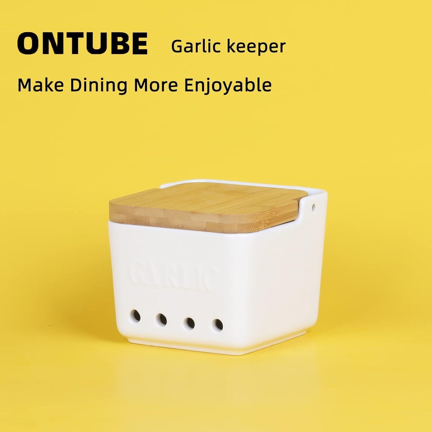 ONTUBE Garlic Keeper with Lid, Ceramic Garlic Holder Storage, Garlic Container for Kitchen, Garlic Saver to Keep Your Garlic Cloves Fresh Longer 4.7-Inch, White