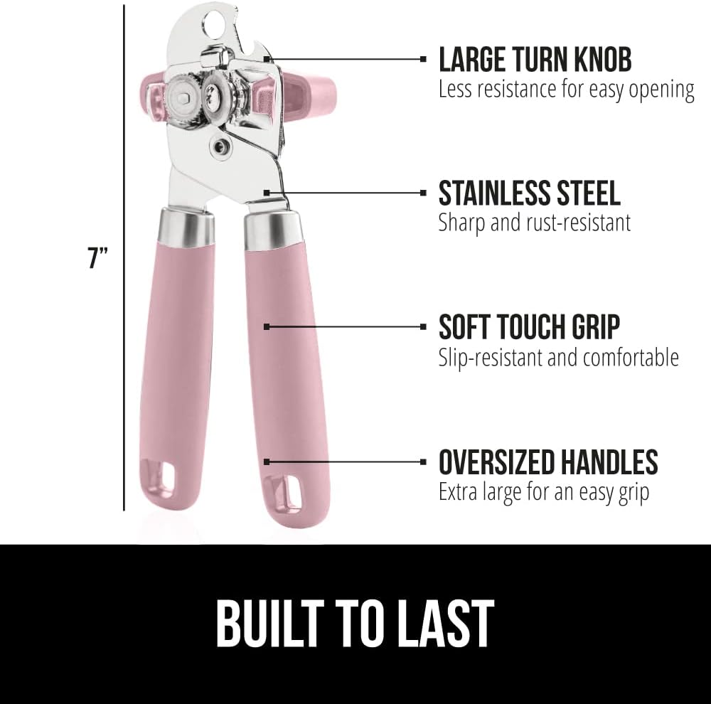 GORILLA GRIP Heavy Duty Stainless Steel Smooth Edge Manual Can Opener and Bottle Openers, Soft Comfortable Handle, Oversized Handheld Turn Knob, US Designed Multifunctional Kitchen Tool, Pink