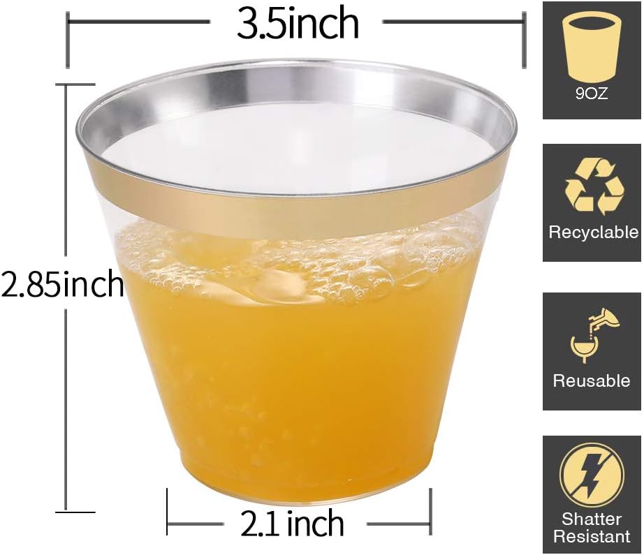 I00000 200 Pack Gold Plastic Cups, 9 Oz Elegant Clear Plastic Cups Gold Rimmed Disposable Wine Glasses Fancy Disposable Party Cup Wedding Cup Drinking Tumblers Cocktail Glasses Perfect for Party