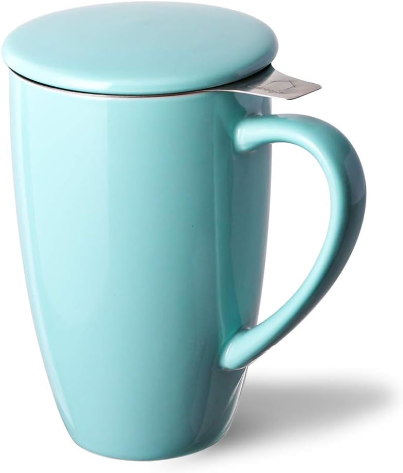 Sweejar Porcelain Tea Infuser Mug with Lid, 16 oz Teacup with Strainers for Loose Leaf Tea, Microwave and Dishwasher Safe Coffee Mug(Turquoise)
