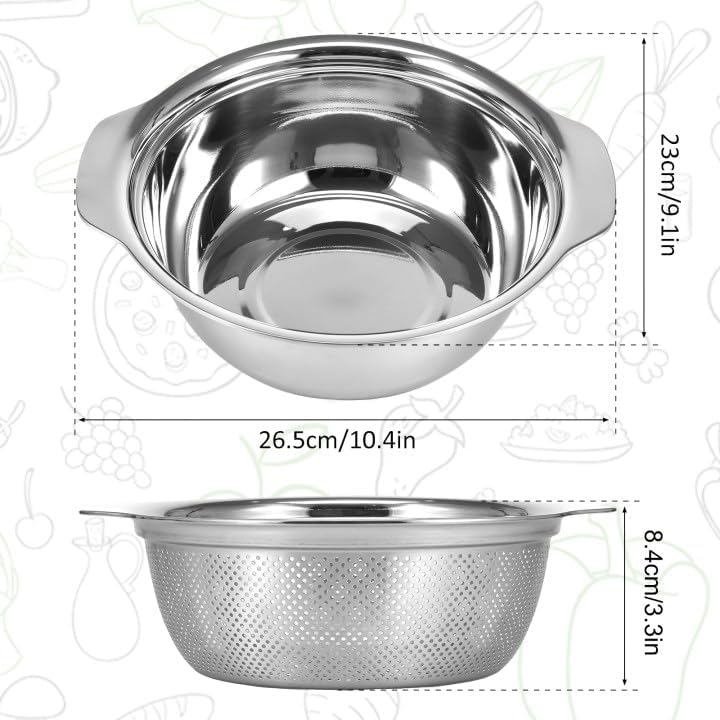 Stainless Steel Microporous Colander for Kitchen, 3.5QT Large Capacity, Colander and Bowl Set of Two, Stainless Steel Drain Basket with Mixing Bowl, for Washing Fruits and Vegetables (10.4×9.1inch)