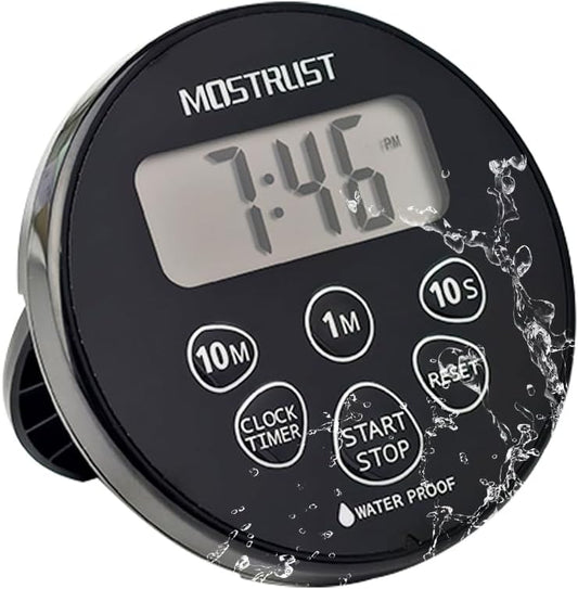Digital Waterproof Shower Clock Timer, Bathroom Kitchen Countdown Cooking Timer with Alarm, Magnetic Back, Stand Dark Black