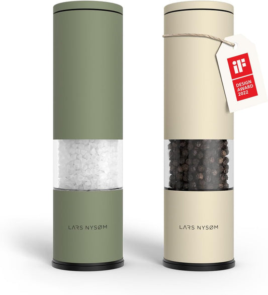 LARS NYSØM Salt and Pepper Grinder Set Manual, Stainless Steel Salt and Pepper Mills with Adjustable Ceramic Grinder I Design Spice Shakers (Green/Beige)