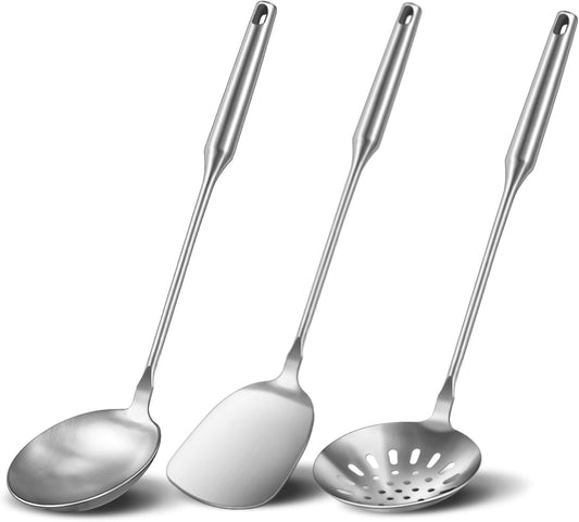 Wok Utensils Tools for Carbon Steel,Stainless Steel 3-Pieces Wok Spatula Set,Wok Tools Professional Set, Heat-Resistant Handle, Skimmer, Soup Ladle, Ideal for Gift