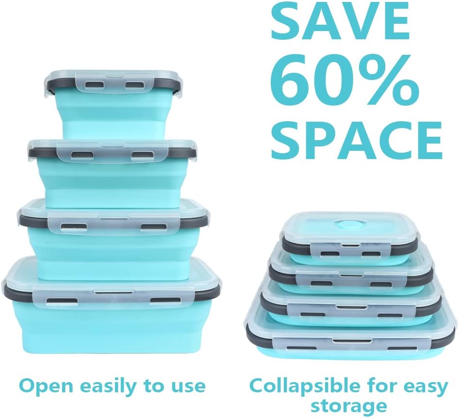 Set of 4 Collapsible Foldable Silicone Food Storage Containers,Ktichen Collapsible Storage Bowls with Airtight Plastic Lids for Leftover, Silicone Lunch Box-Microwave,Dishwasher,Freezer Safe