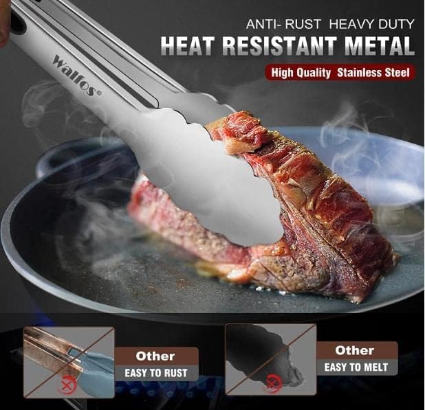 Walfos Stainless Steel Kitchen Tongs for Cooking, BBQ - 7 ，9, 12 and 14 Inch,Set of 4 Heavy Duty Locking Metal Food Tongs Non-Slip Grip