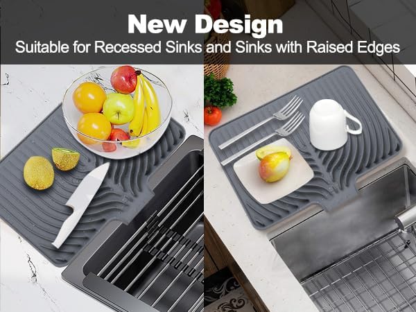 Silicone Dish Drying Mat for Kitchen Counter, (Grey, 18 x12 Raised Sink), Easy Clean Pad for Countertop Protection, Fast Self-Draining Slope, Non-Slip, Multiple Use